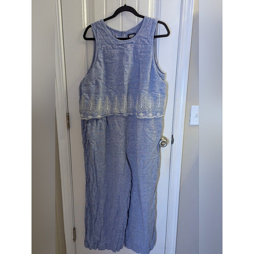 Lands' End Blue Embroidered Sleeveless Jumpsuit
